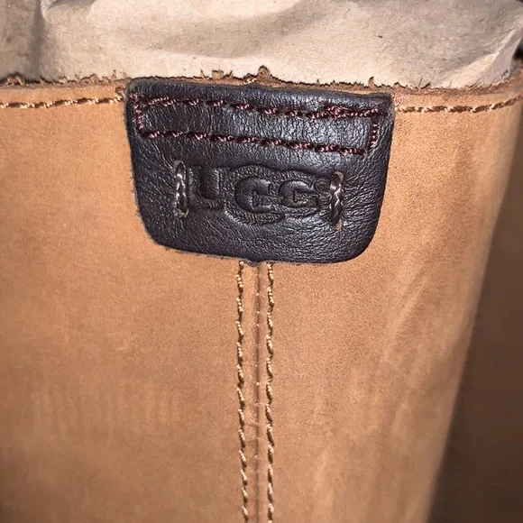 UGG SIZE 6.5 HARRINGTON CHESTNUT LEATHER WATER RESISTANT TALL BEAUTIFUL BOOTS - Picture 5 of 15